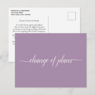 Change of Plans Wedding Cancelled Postponed Purple Announcement Postcard