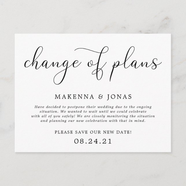 Change of Plans Wedding Postponement Announcement Postcard (Front)