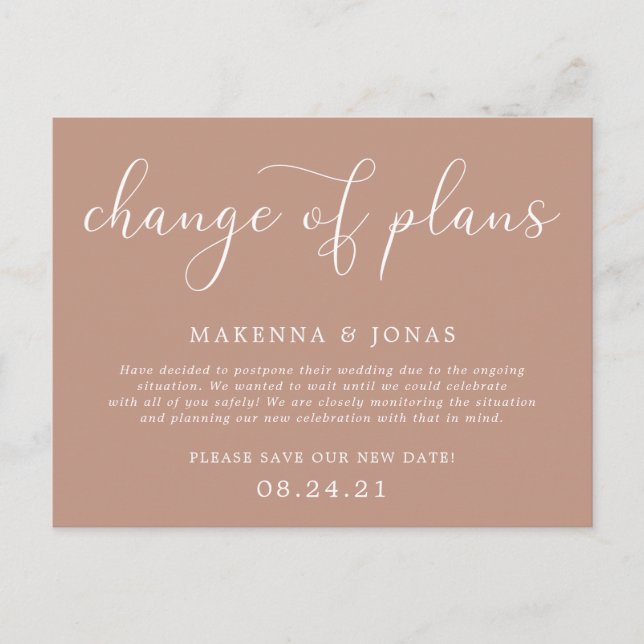 Change of Plans Wedding Postponement Announcement Postcard (Front)