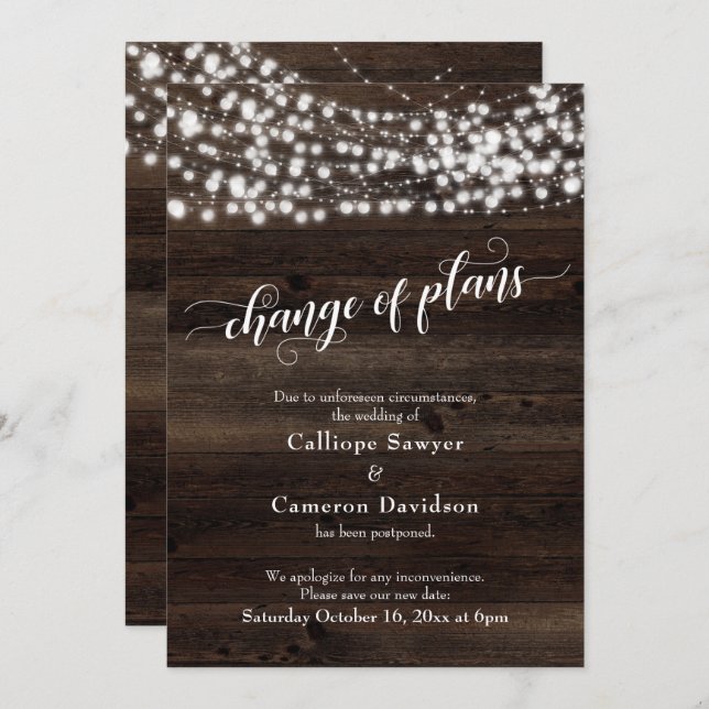 Change of Plans Wood Lights Postponed Wedding Card (Front/Back)