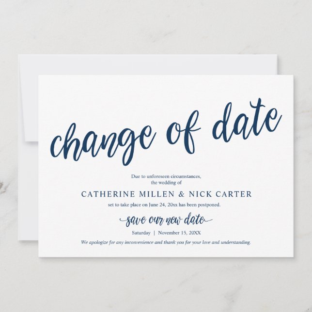 Change of Wedding date, Navy, Announcement Card (Front)