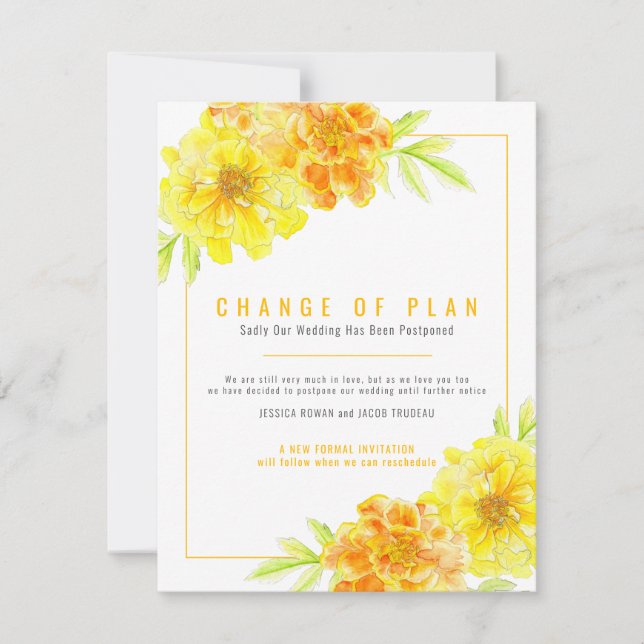 Change of wedding plan yellow marigold cancel invitation (Front)