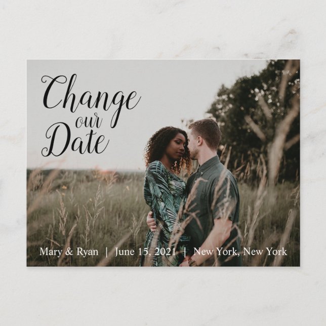 Change Our Date | Wedding Postponement Calligraphy Postcard (Front)