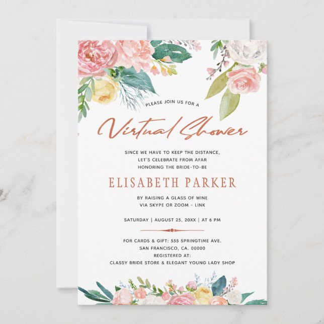 Change plans bridal pink floral virtual shower invitation (Front)