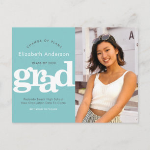 Change plans graduation bold typography turquoise invitation postcard
