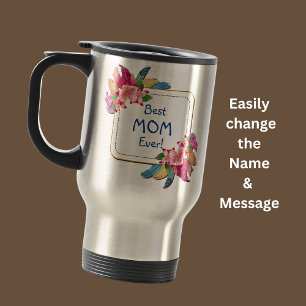 Change Text Add Name Boho Flower Feathers Best Mum Travel Mug