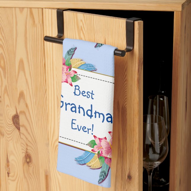 Change Text Add Name Boho Flower Feathers Grandma  Tea Towel (Thirds Fold)