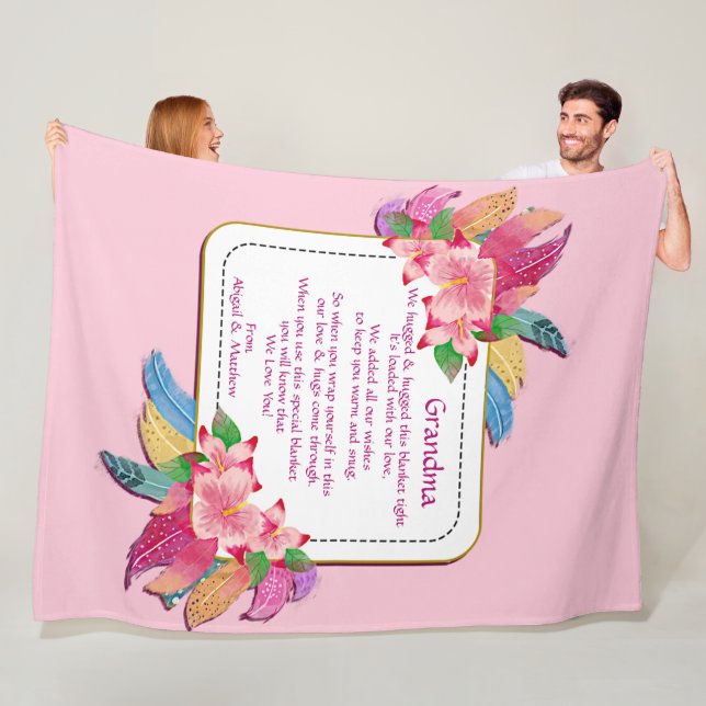 Change Text Add Name Boho Flower Feathers Hugged   Fleece Blanket (In Situ)