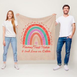 Change Text Add Name Boho Rainbow Heart Aqua Brown Fleece Blanket