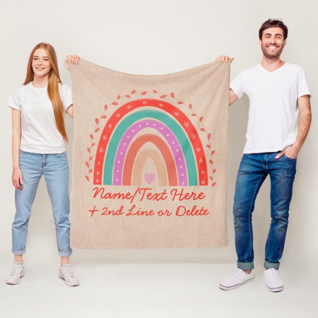 Change Text Add Name Boho Rainbow Heart Aqua Brown Fleece Blanket (In Situ)