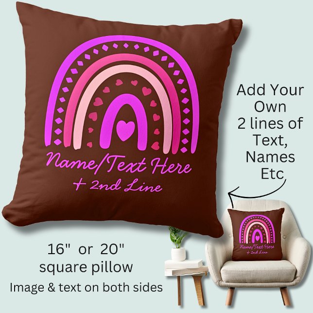 Change Text Add Name Boho Rainbow Heart Pink Brown Cushion (Creator Uploaded)