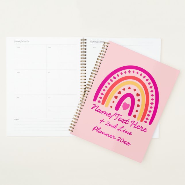 Change Text Add Name Boho Rainbow Hearts Pink 20xx Planner (Display)