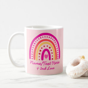 Change Text Add Name, Boho Rainbow Hearts Pink Coffee Mug