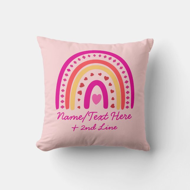 Change Text Add Name, Boho Rainbow Hearts Pink     Cushion (Front)