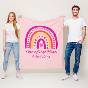 Change Text Add Name, Boho Rainbow Hearts Pink     Fleece Blanket