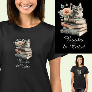 Change Text, Books & Cats, with Flowers, on Black T-Shirt