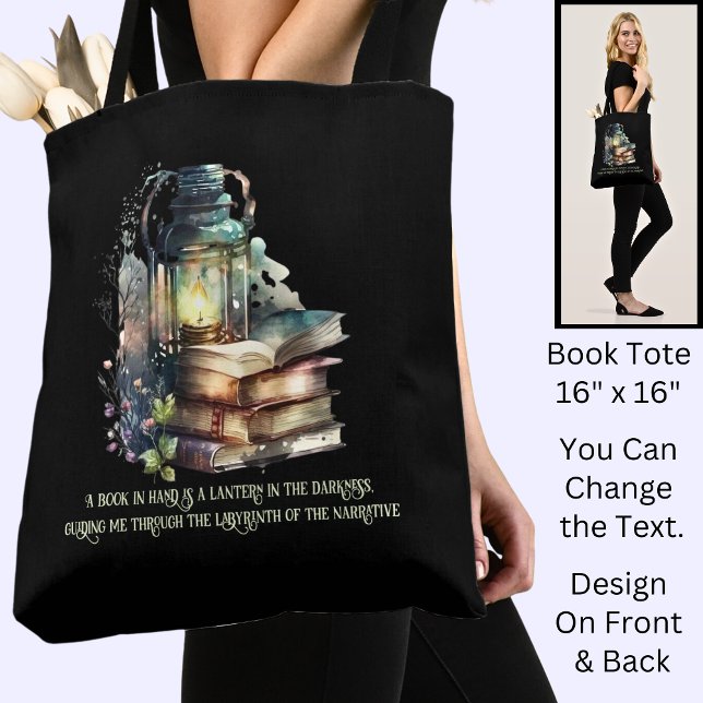 Change Text, Gothic Books & Lantern, Quote, Black Tote Bag (Creator Uploaded)