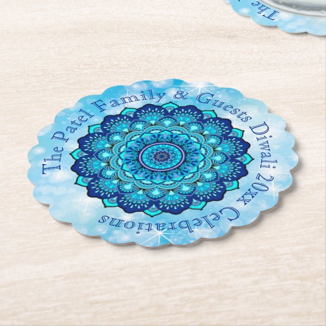 Change Text Matching Diwali Blue Paper Coaster (Angled)
