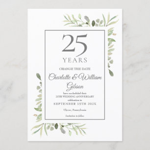 Change the Date 25th Silver Anniversary Greenery Invitation