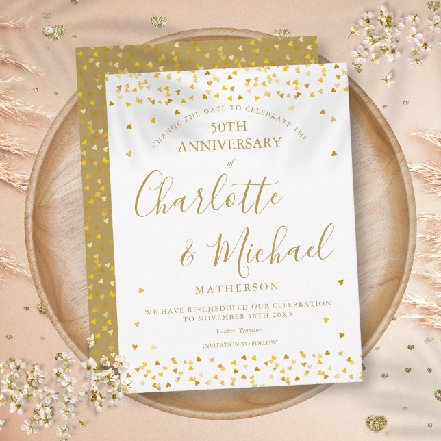 Change the Date 50th Anniversary Gold Hearts Announcement Postcard (Change the Date 50th Anniversary Gold Hearts Announcement Postcard)