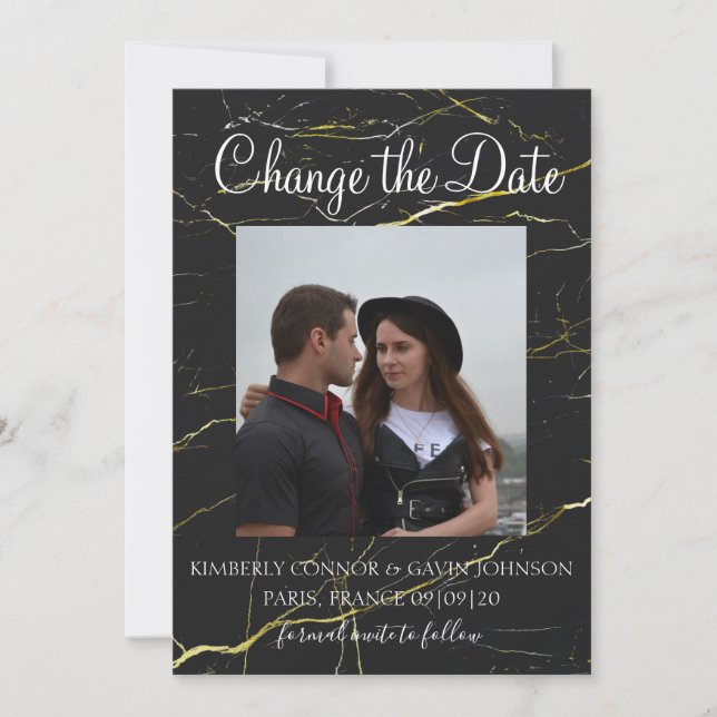 Change the Date Black and Gold Marble Save The Date (Front)