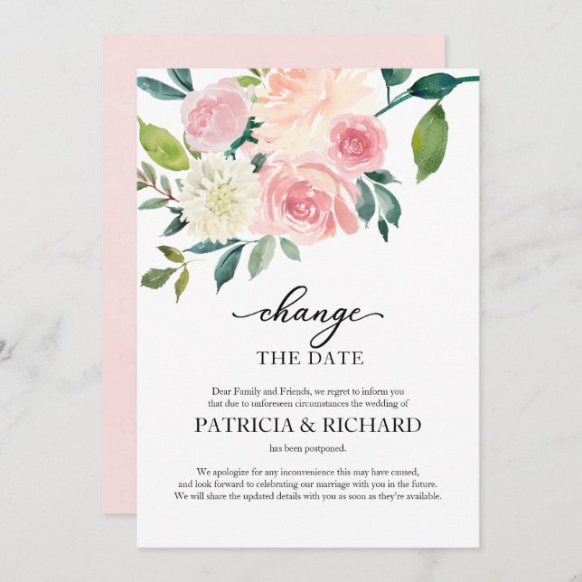 Change The Date Blush Floral Wedding Postponement Invitation (Front/Back)