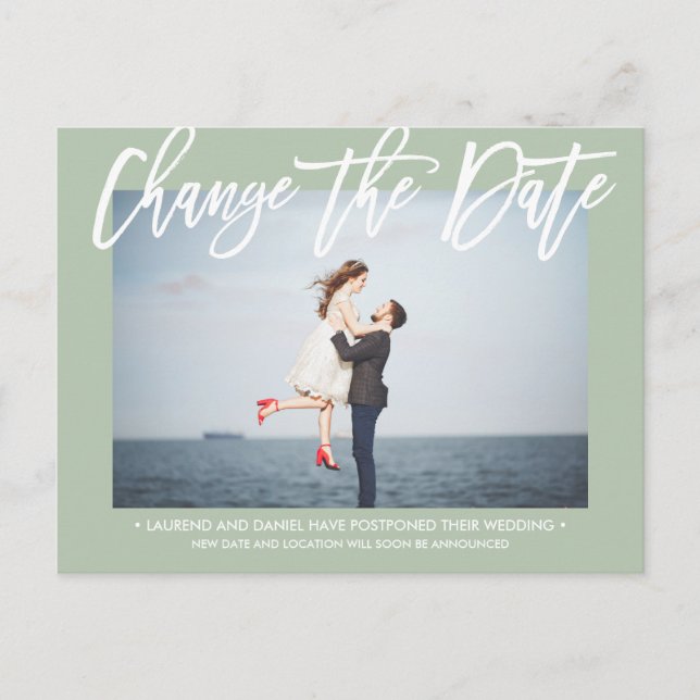 CHANGE THE DATE Chic Sage Green calligraphy photo Announcement Postcard (Front)