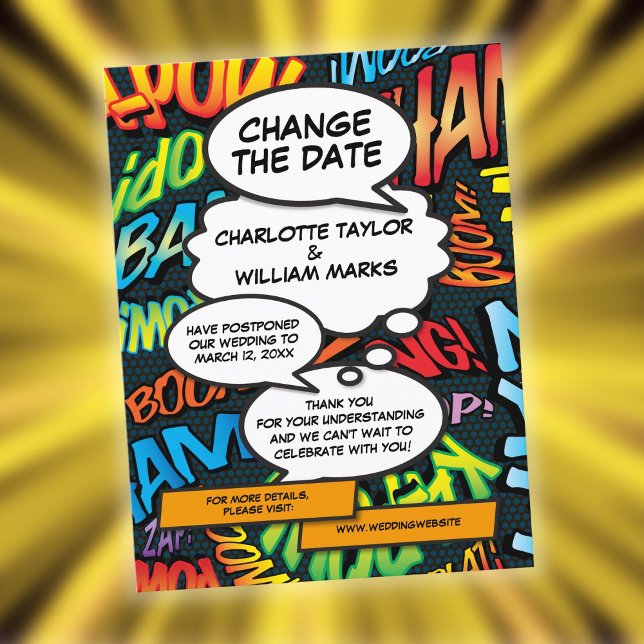 Change the Date Comic Book Wedding Postponement Announcement Postcard (Change the Date Comic Book Wedding Postponement Announcement Postcard)