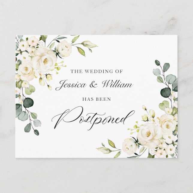 Change the Date Elegant Eucalyptus White Roses Postcard (Front)