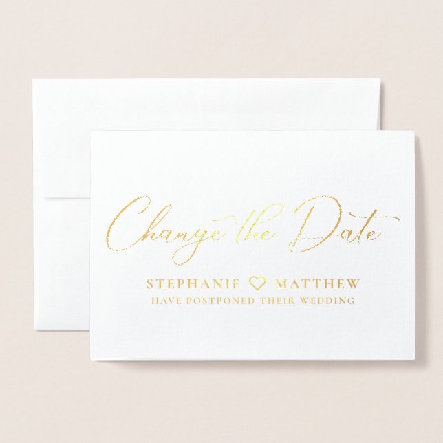 Change The Date Elegant Script Font Foil Card (Front With Envelope)