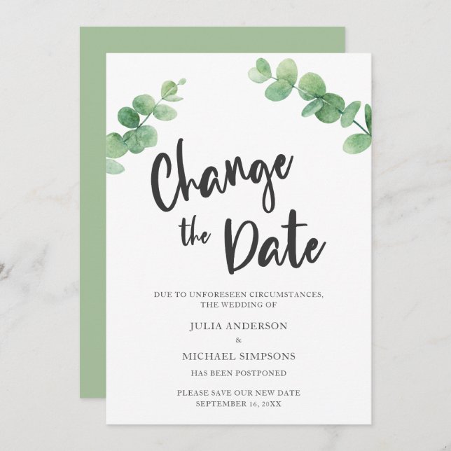 Change the Date Eucalyptus Postponed Cancelled Invitation (Front/Back)