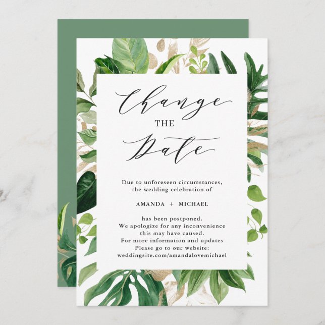 Change the Date Greenery Tropical Palm Leaves Invitation (Front/Back)