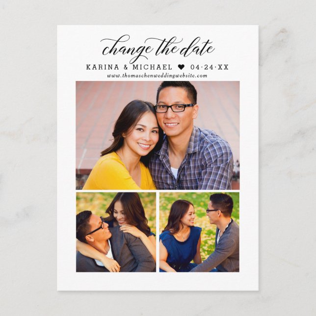 Change the Date Modern Black Script Photo Collage Announcement Postcard (Front)