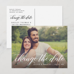 Change the Date Modern Calligraphy Wedding Photo Announcement Postcard