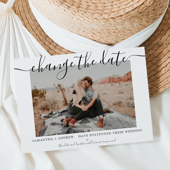 Change the date modern chic typography photo announcement postcard (Creator Uploaded)