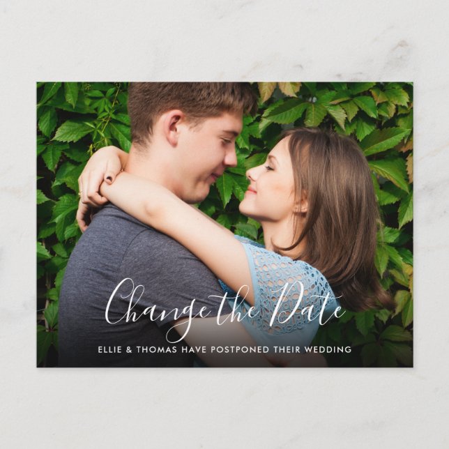 Change the Date Photo Wedding Postponed Postcard (Front)