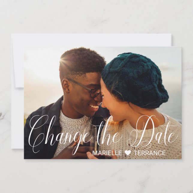 Change the Date Photo White Script Wedding Announcement (Front)