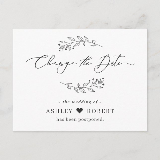 Change the Date Postponed Simple Hand Drawn Leaves Postcard (Front)