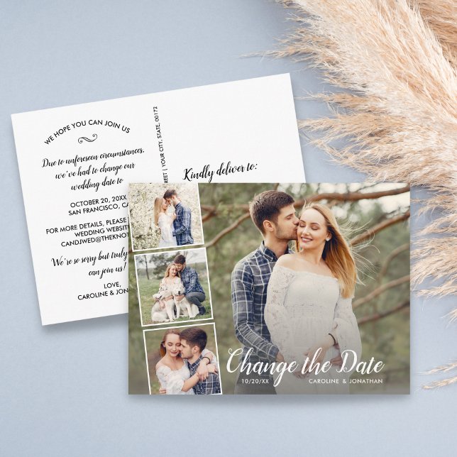Change the Date Postponed Wedding 4 Photo Collage Postcard (Creator Uploaded)