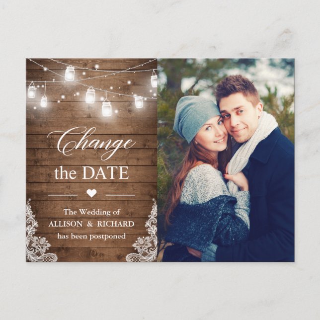 Change the Date Rustic Wood String Lights Photo Postcard (Front)