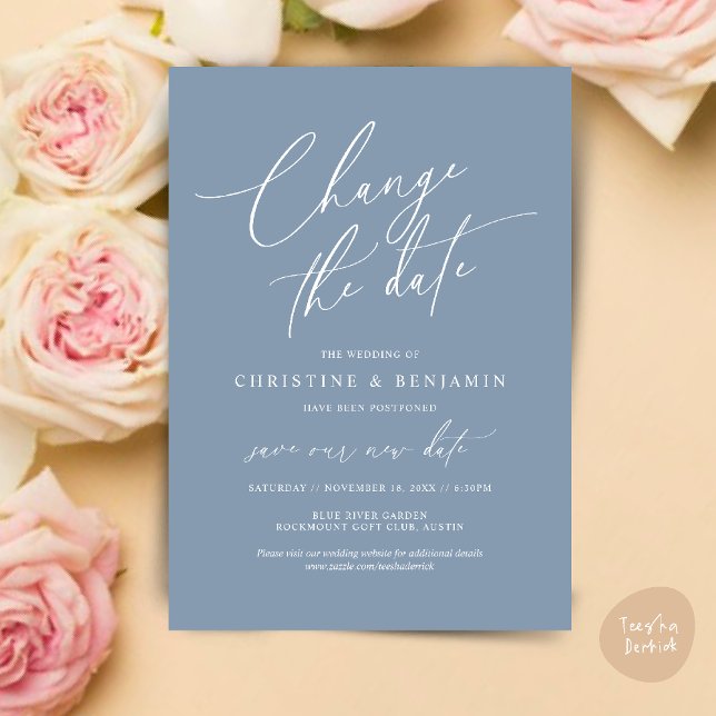 Change the date, Save our new wedding date card (Change the date, Save our new wedding date modern romantic card in Dusty Blue)