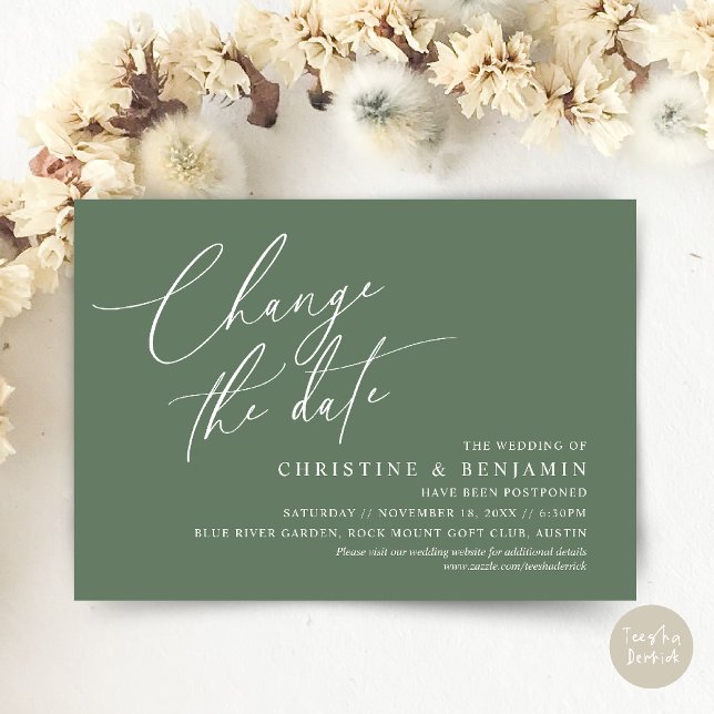 Change the date, Save our new wedding date card (Change the date, Save our new wedding date modern romantic card in Sage Green)