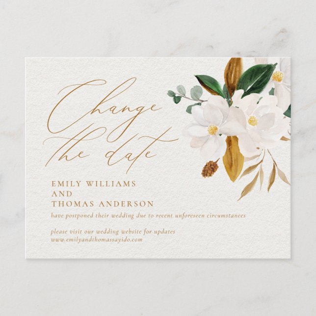 Change the Date Script Elegant Watercolor Magnolia Postcard (Front)