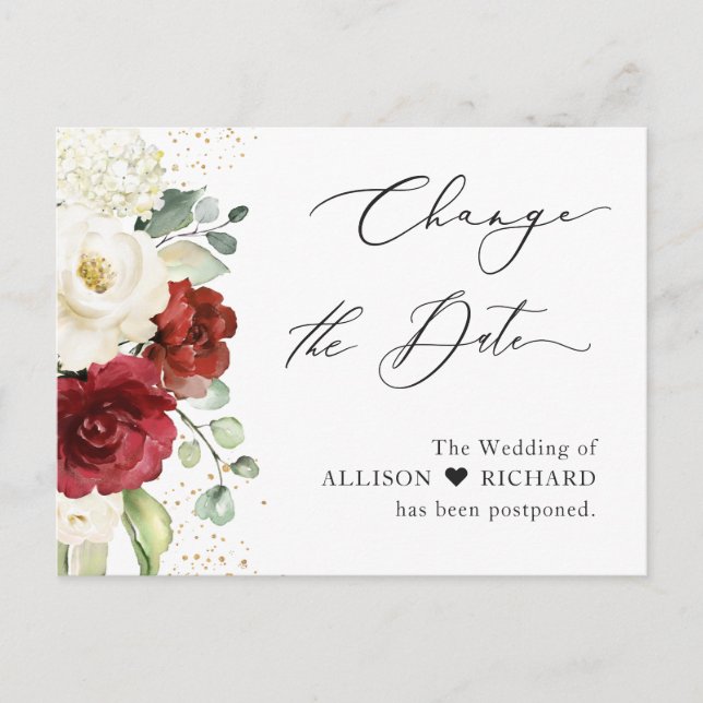 Change the Date Script Red White Floral Eucalyptus Postcard (Front)