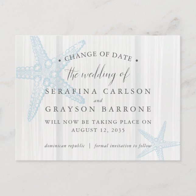 Change the Date Starfish Rustic Wood Beach Wedding Announcement Postcard (Front)
