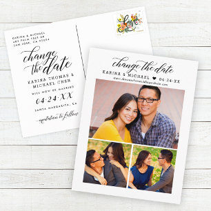 Change the Date Three Photo Announcement Postcard