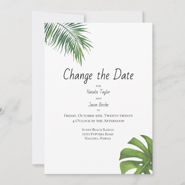 Change the Date Tropical Leaf Watercolor Save The Date (Front)