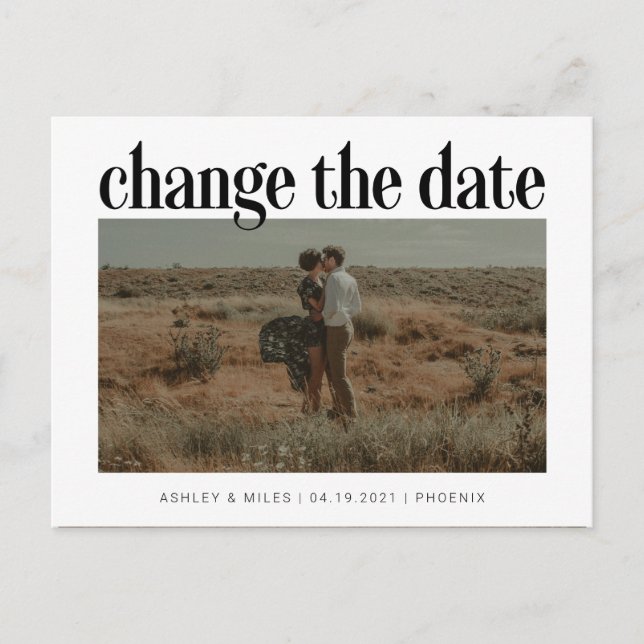 Change the Date Wedding Photo Announcement Postcard (Front)
