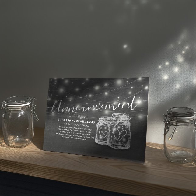 Change The Date Wedding Postponement Mason Jars Announcement Postcard (Creator Uploaded)