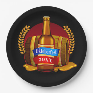 Change Year Oktoberfest 20xx Beer Bottle Barrel 9" Paper Plate